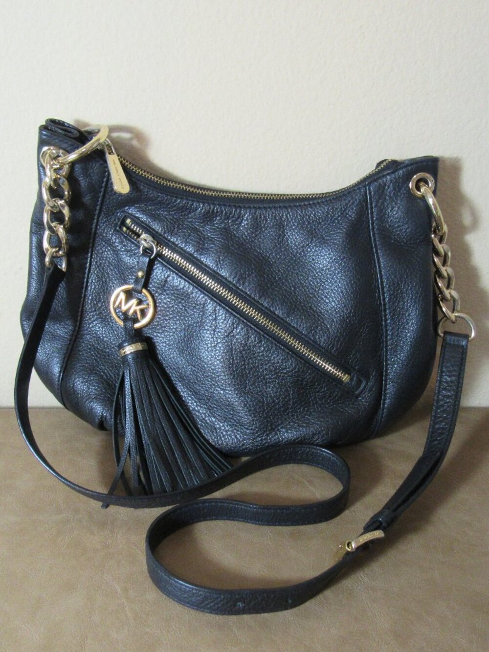 Michael Kors Black Pebble Leather Shoulder Bag with Gold Accents